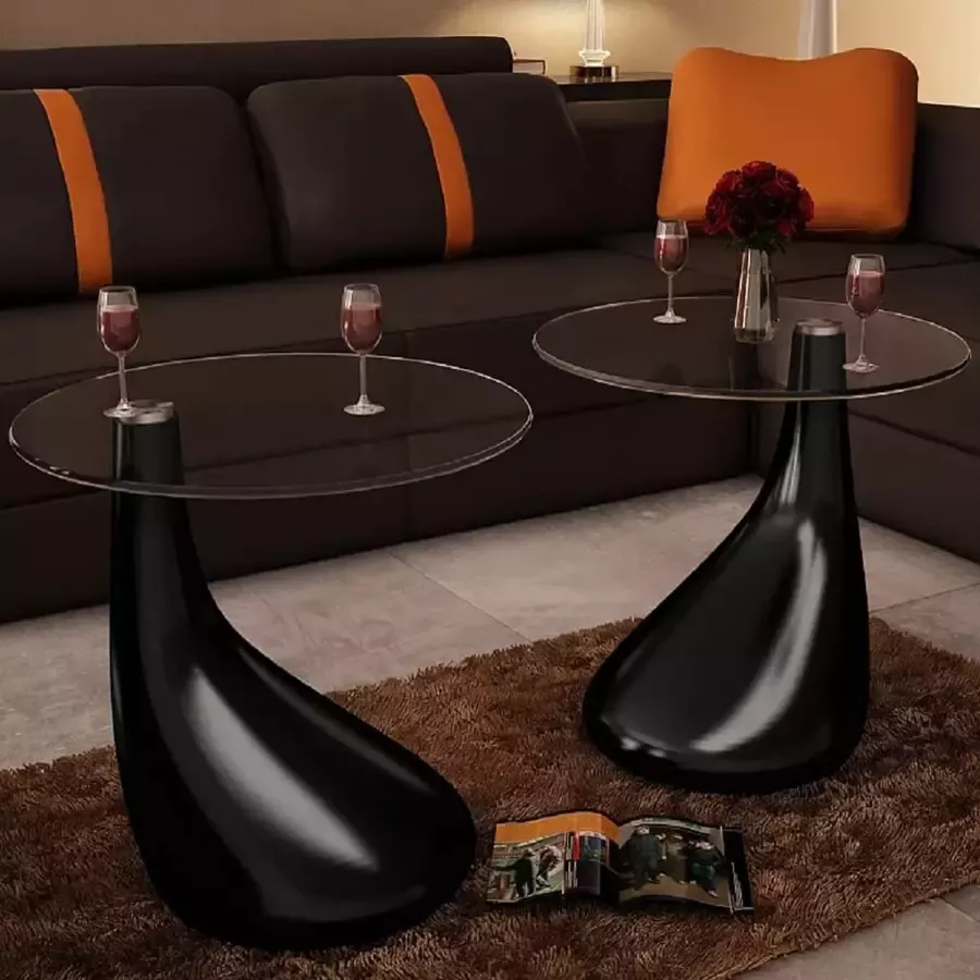 Furniture Limited Salontafel met rond glazen tafelblad hoogglans zwart 2 st