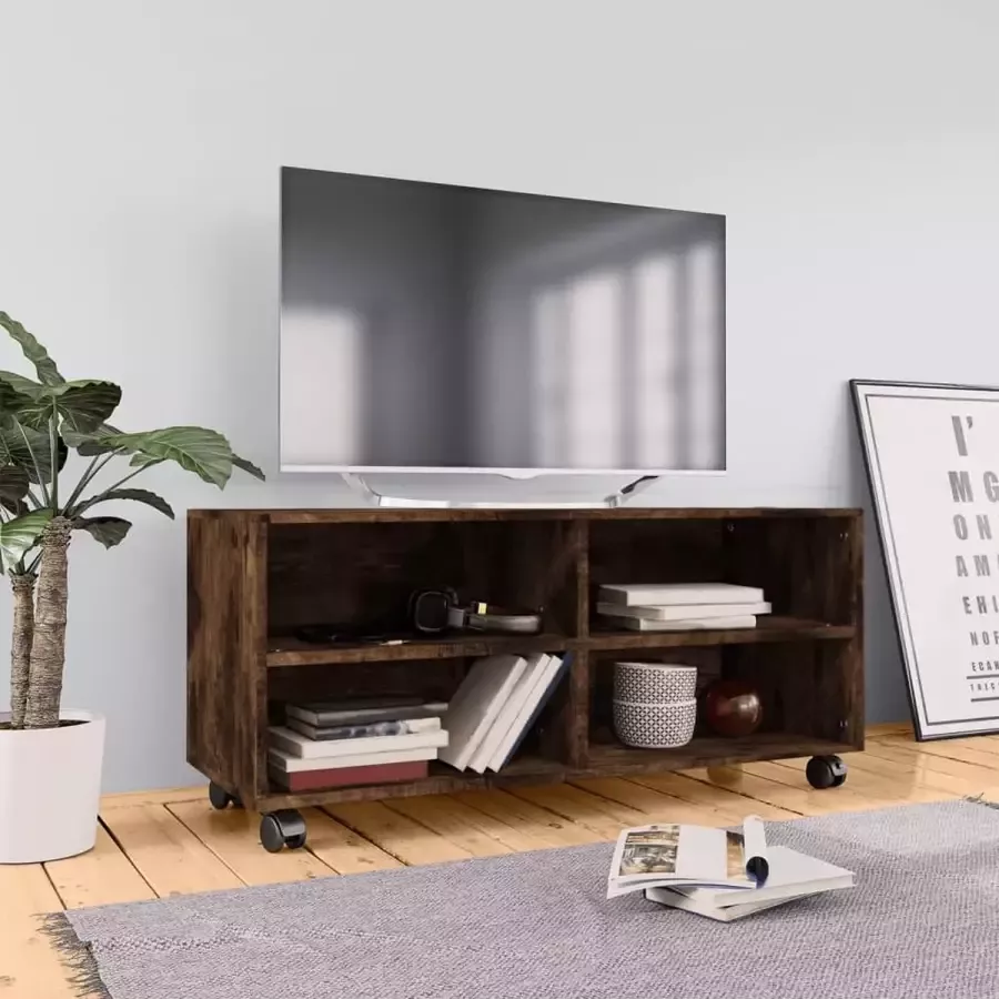 Furniture Limited Tv-meubel met wieltjes 90x35x35 cm bewerkt hout gerookt eiken