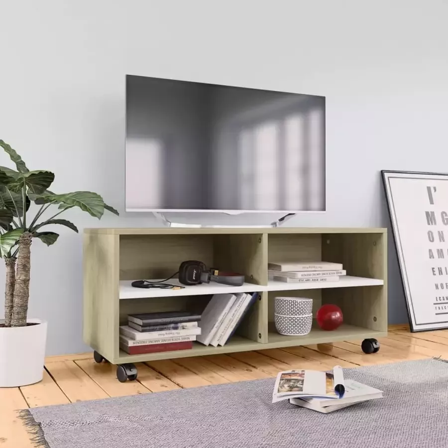 Furniture Limited Tv-meubel met wieltjes 90x35x35 cm bewerkt hout wit en sonoma