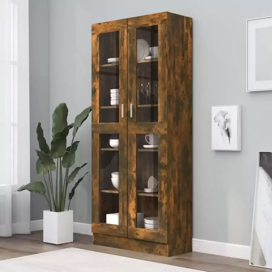 Furniture Limited Vitrinekast 82 5x30 5x185 5 cm bewerkt hout gerookt eikenkleur