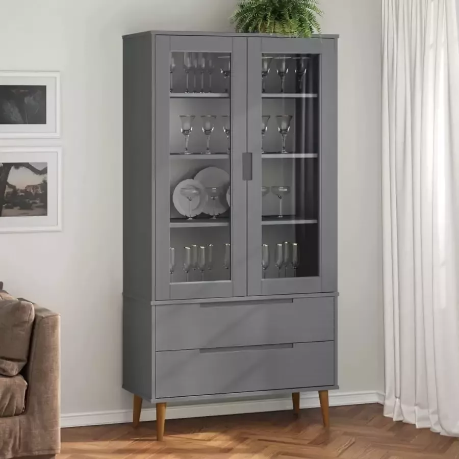 Furniture Limited Vitrinekast MOLDE 90x35x175 cm massief grenenhout grijs