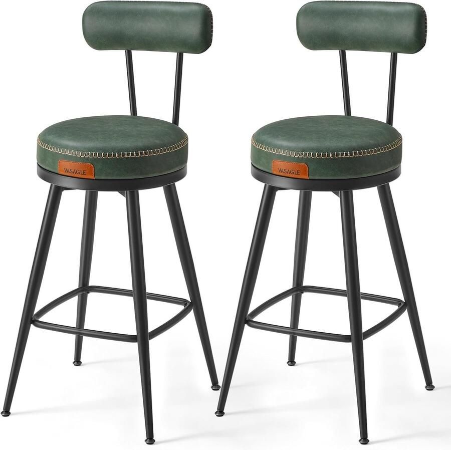 FurnStar 360° draaibare barkruk set van 4 Kruk met rugleuning voor keukeneiland Kunstleer met naden Mid-Century moderne stijl 65 cm hoog Keuken huisbar Bosgroen LBC289C01