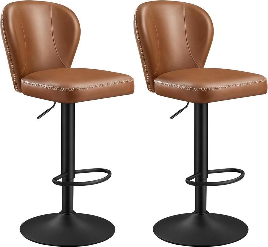 FurnStar Barkruk 360° draaibare barkruk barkrukken set van 2 in hoogte verstelbare barstoel met rugleuning kunstleer naden Mid-Century-moderne stijl keuken huisbar eenvoudige montage Karamelbruin