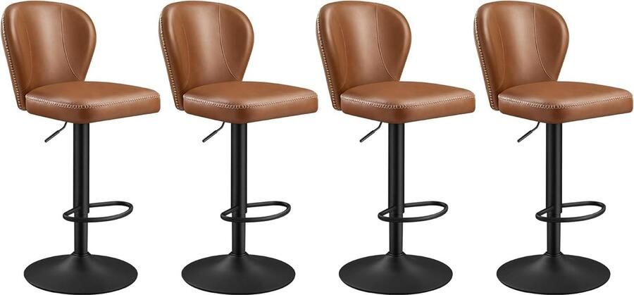 FurnStar Barkruk 360° draaibare barkruk barkrukken set van 4 in hoogte verstelbare barstoel met rugleuning kunstleer naden Mid-Century-moderne stijl keuken huisbar eenvoudige montage Karamelbruin