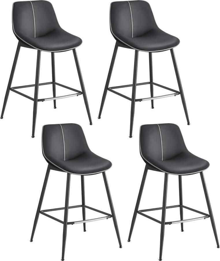 FurnStar Barkruk 4-delige set barstoelen ergonomische rugleuning kunstleer metalen poten met verstelbare universele poten 62 cm hoog thuisbar eenvoudige montage inktzwart