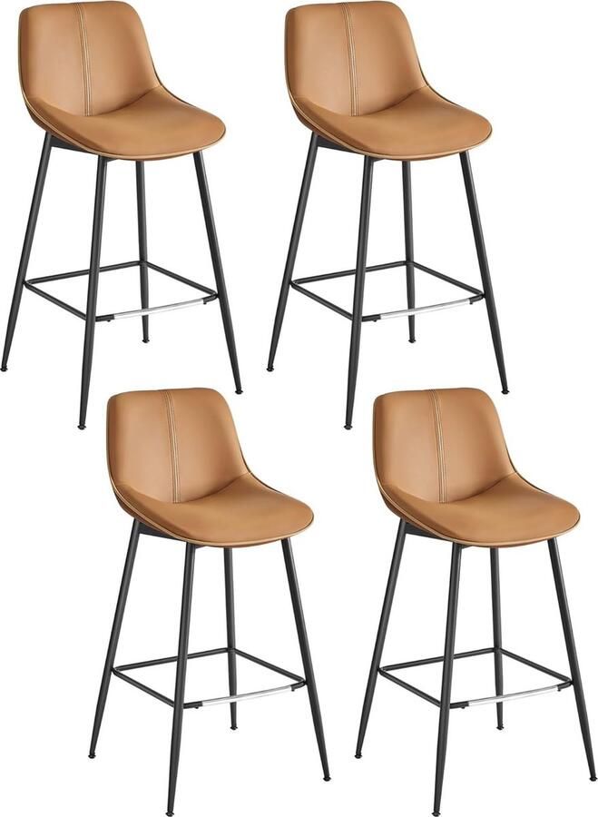 FurnStar Barkruk 4-delige set barstoelen ergonomische rugleuning kunstleer metalen poten met verstelbare universele poten 73 cm hoog thuisbar eenvoudige montage karamelbruin
