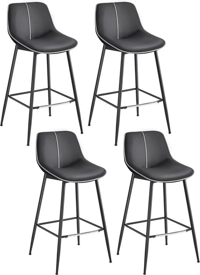 FurnStar Barkruk 4-delige set barstoelen ergonomische rugleuning kunstleer metalen poten met verstelbare universele poten 73 cm hoog thuisbar eenvoudige montage inktzwart