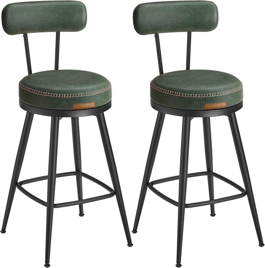 Vasagle Furnstar 360° draaibare barkruk set van 4 Kruk met rugleuning voor keukeneiland Kunstleer met naden Mid-Century moderne stijl 65 cm hoog Keuken huisbar Bosgroen LBC289C01 - Foto 2
