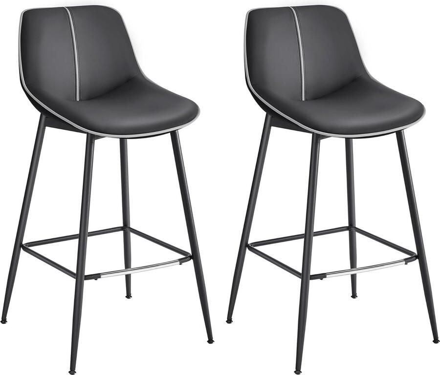 FurnStar Barkruk set van 2 barstoelen ergonomische rugleuning kunstleer metalen poten met verstelbare universele poten 73 cm hoog thuisbar eenvoudige montage inktzwart