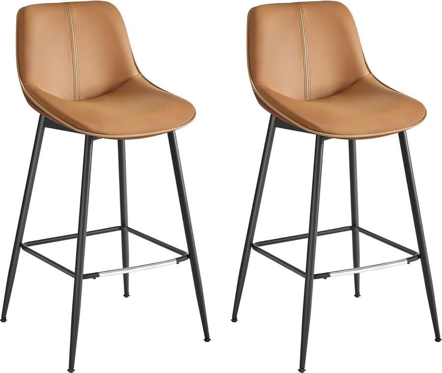 FurnStar Barkruk set van 2 barstoelen ergonomische rugleuning kunstleer metalen poten met verstelbare universele poten 73 cm hoog thuisbar eenvoudige montage karamelbruin