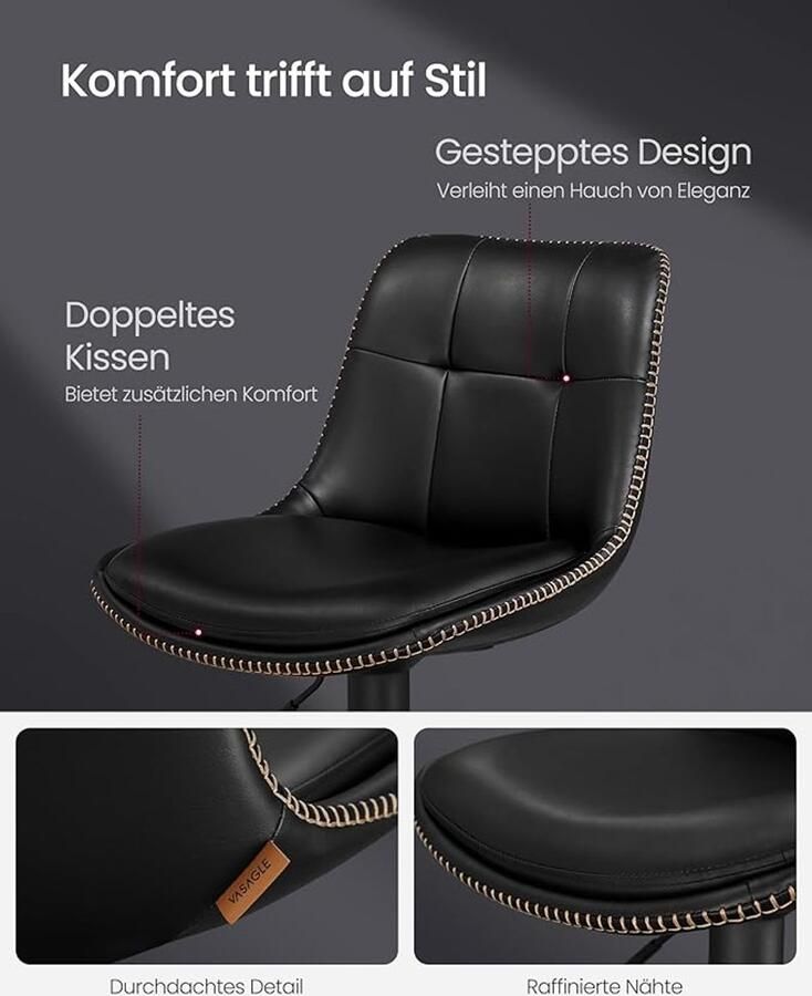 FurnStar Barkruk Set van 2 Barstoelen Ergonomische Rugleuning Kunstleer Metalen Poten met Verstelbare Universele Poten Tussen 63 en 84 cm hoog 360 graden draaibaar Thuisbar Eenvoudige Montage Inktzwart