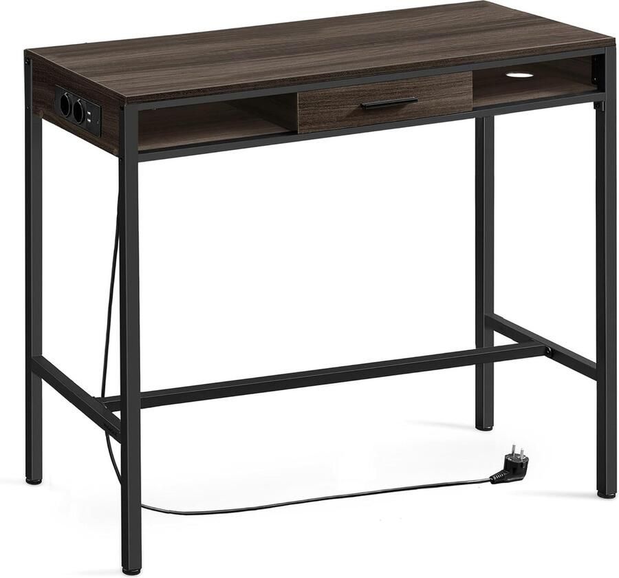 FurnStar Bartafel statafel met laadstation en flexibele lade van vliesstof haken 40 x 120 x 104 -6 cm voor kantoor slaapkamer bar woonkamer asbruin