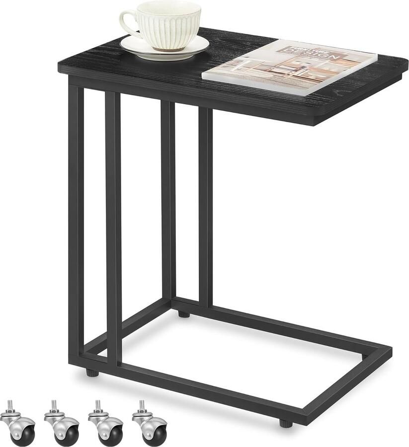 FurnStar Bijzettafel banktafel met wieltjes C-vorm mobiele koffietafel 35 x 50 x 60 cm woonkamertafel met metalen frame voor koffie en laptop modern ebbenzwart