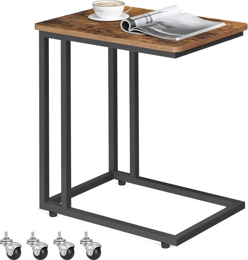 FurnStar Bijzettafel Banktafel met Wieltjes C-Vorm Mobiele Koffietafel 35 x 50 x 60 cm Woonkamertafel met Metalen Frame Voor Koffie en Laptop Industrieel Design Vintage