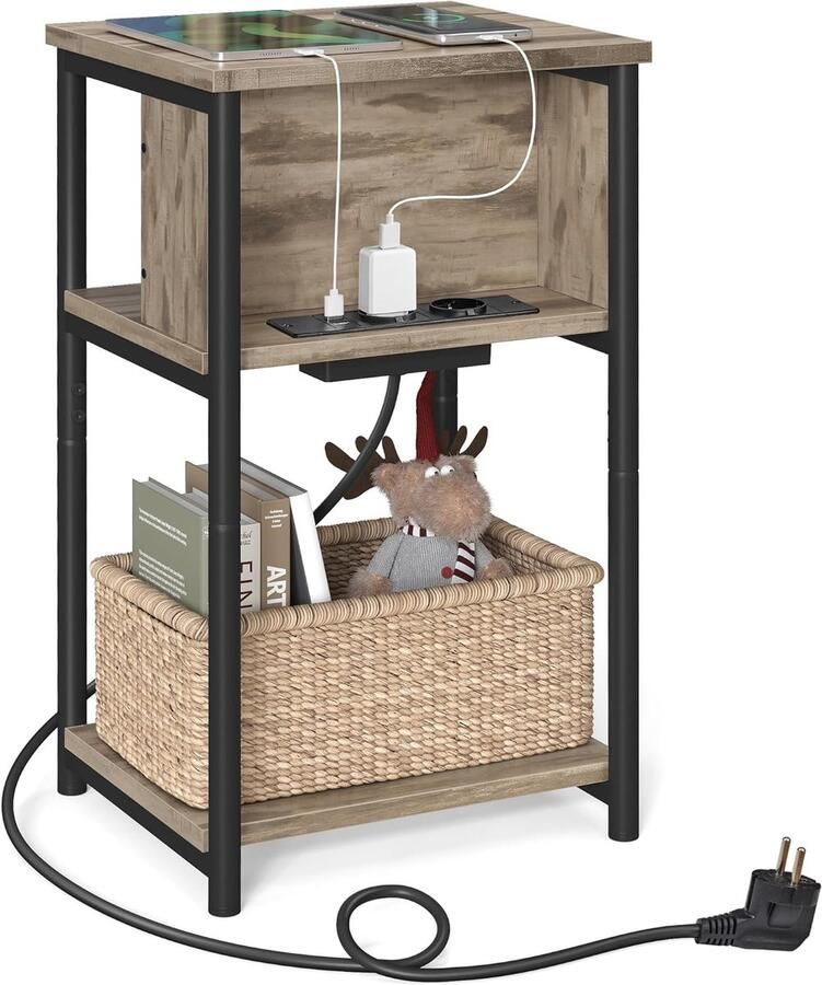 FurnStar – Bijzettafel met stopcontact – Nachtkastje – 2 AC & 2 USB-poorten – Stalen frame – 30 x 34 x 58 cm – Hazelnootbruin-zwart