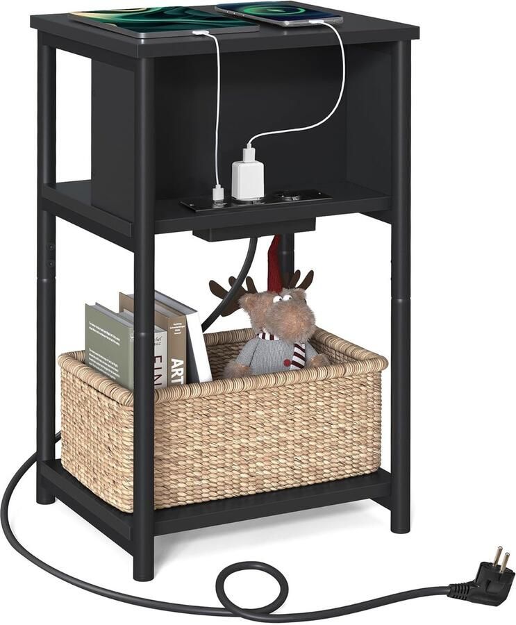 FurnStar – Bijzettafel met stopcontact – Nachtkastje – 2 AC & 2 USB-poorten – Stalen frame – 30 x 34 x 58 cm – Zwart