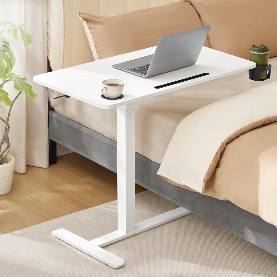 FurnStar Bijzettafel met wieltjes – Verstelbare hoogte- Mobiele statafel 80 x 45 cm – Voor woonkamer en slaapkamer – Wolkenwit