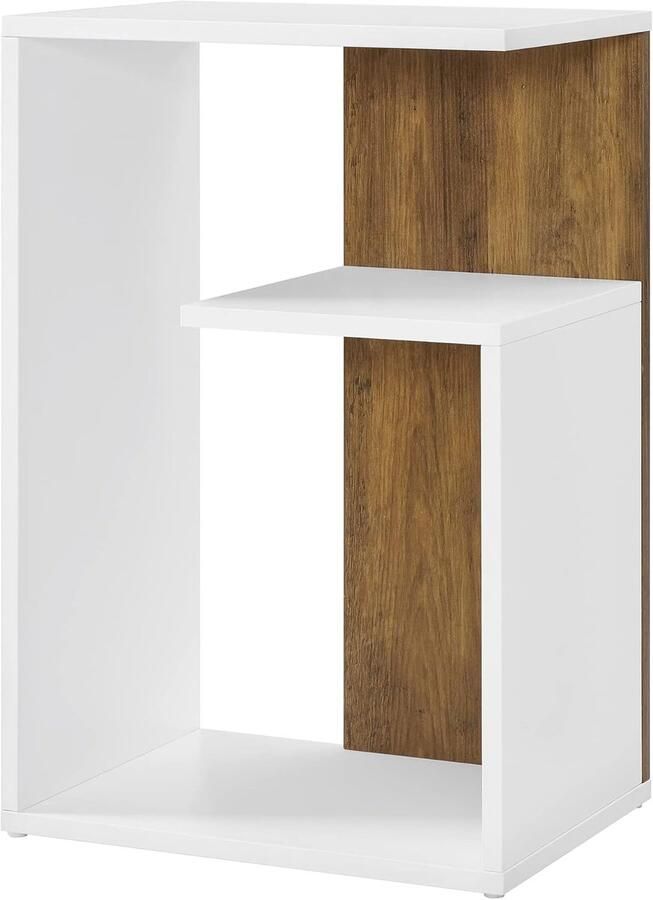 FurnStar Bijzettafel – Nachtkastje met open vak & plank – Verticaal of horizontaal te gebruiken – Kleine tafel met opbergruimte – Walnootbruin-Wit– 30 x 40 x 60 cm