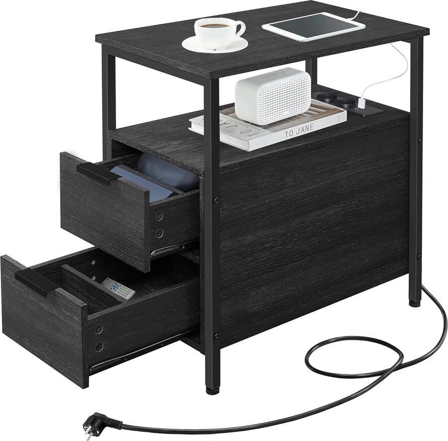 FurnStar Bijzettafel Nachtkastje met Stekkerdoos 2 Laden Banktafel Nachtkastje voor Woonkamer en Slaapkamer Antracietgrijs + Inktzwart