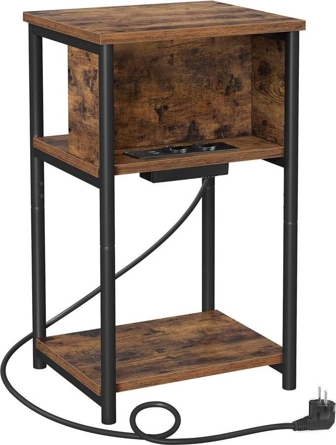 Hoppa! Bijzettafel nachtkastje met stopcontact slank 2 AC-poorten 2 USB-poorten 34x30x58 cm (BxDxH) vintage bruin zwart