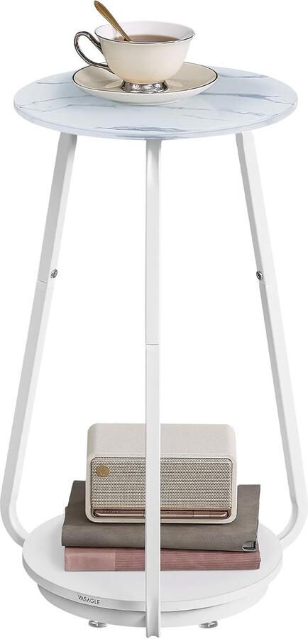FurnStar Bijzettafel rond – Nachtkastje – 2 niveaus – Glasplaat en plank van spaanplaat – Voor woonkamer slaapkamer – Modern – Marmerwit