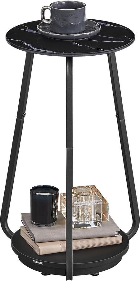 FurnStar Bijzettafel rond – Nachtkastje – 2 niveaus – Glasplaat en plank van spaanplaat – Voor woonkamer slaapkamer – Modern – Marmerzwart
