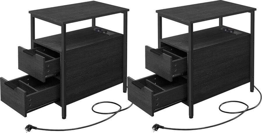 FurnStar Bijzettafel set van 2 nachtkastje met stekkerdoos 2 laden banktafel nachtkastje voor woonkamer slaapkamer zwart + houtnerf