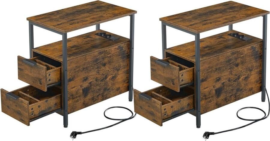 FurnStar Bijzettafel set van 2 nachtkastje met stekkerdoos 2 laden banktafel nachtkastje voor woonkamer slaapkamer vintage bruin + inktzwart