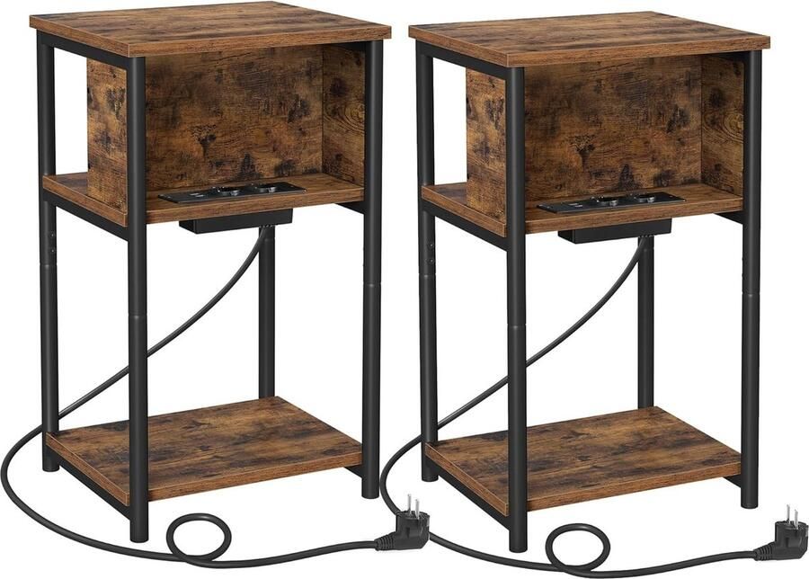 FurnStar Bijzettafel set van 2 nachtkastje met stopcontact klein 2 AC-aansluitingen 2 USB-poorten 30 x 34 x 58 cm voor woonkamer slaapkamer vintage bruin-zwart