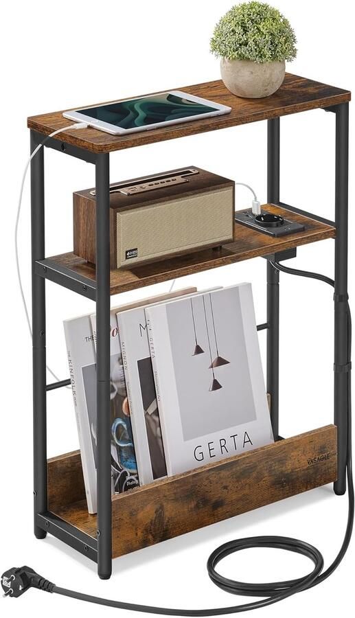 FurnStar – Bijzettafel smal met oplaadfunctie – Nachtkastje – 3 planken & tijdschriftenhouder – Stalen frame – 18 x 45 x 58 cm – Vintage bruin-zwart