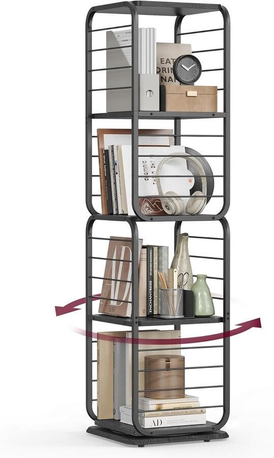 FurnStar boekenkast 4 niveaus draaibaar rek met boekensteunen staand rek voor kleine ruimtes opbergrek hoekrek stalen frame Inktzwart LLS127B56