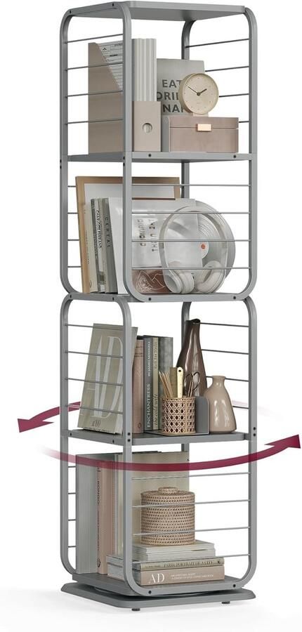 FurnStar Boekenkast – Draaibaar Rek met 4 Niveaus & Boekensteunen – Hoekrek voor Kleine Ruimtes – Stalen Frame – Duifgrijs – LLS127G36