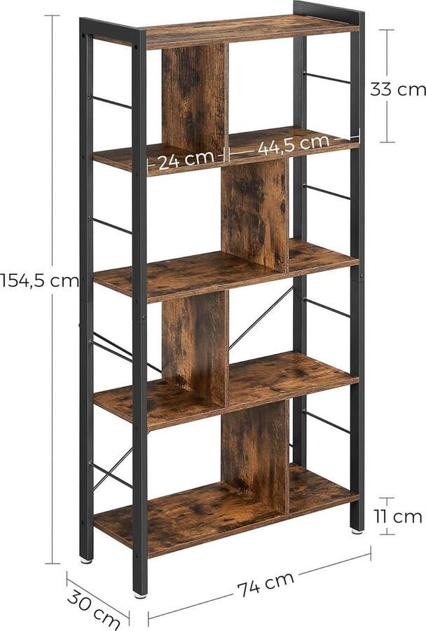 FurnStar Boekenkast Plank Boekenkast Kantoorrek met 5 niveaus Opbergrek Groot Metalen frame Industriële stijl 154.5 x 74 x 30 cm Vintage bruin inktzwart