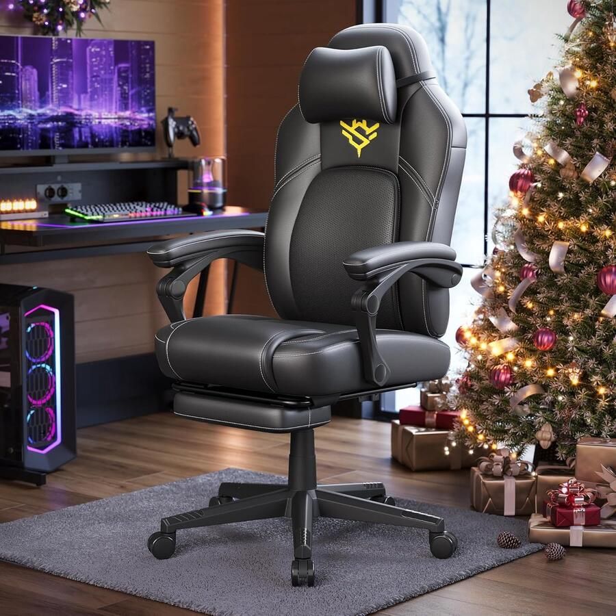 FurnStar Gaming-stoel Ergonomische computerstoel met voetensteun Bureaustoel draaistoel met kussen PU in hoogte verstelbaar 70 x 70 x (119-129) cm inktzwart