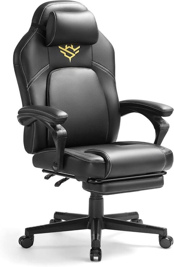 FurnStar Gaming-stoel Ergonomische computerstoel met voetensteun Bureaustoel draaistoel met kussen PU in hoogte verstelbaar 70 x 70 x (119-129) cm inktzwart - Foto 2