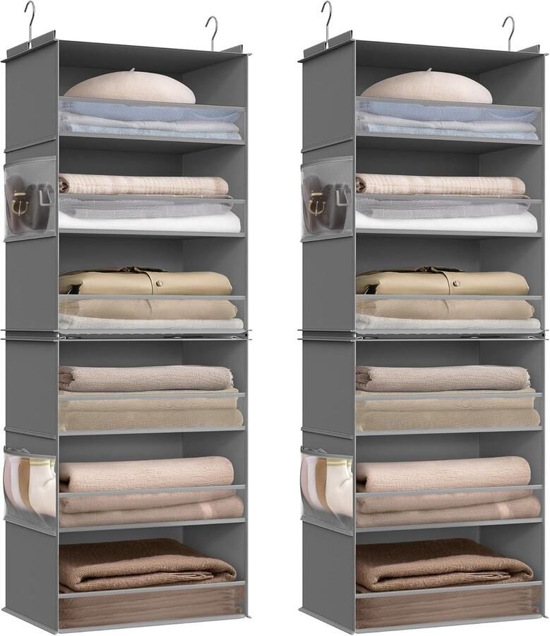 FurnStar Hangorganizer 2-delige set Kast organizer -Hangrek Verdeelbaar Hangopslag Opvouwbaar en ruimtebesparend Metalen haken Bamboe inzetstukken Duifgrijs