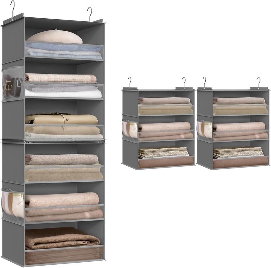 FurnStar Hangorganizer kast-organizer hangrek verdeelbaar hangopslag opvouwbaar en ruimtebesparend metalen haken en bamboe inzetstukken duifgrijs