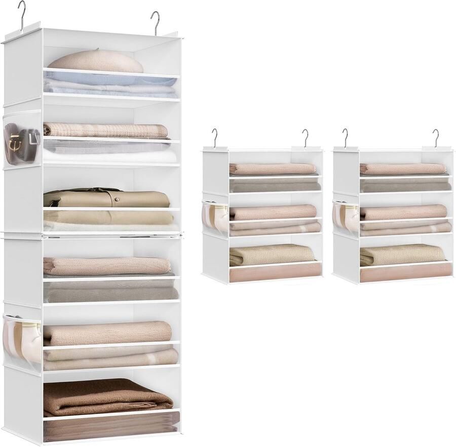 FurnStar Hangorganizer kast-organizer hangrek verdeelbaar hangopslag opvouwbaar en ruimtebesparend metalen haken en bamboe inzetstukken wolkenwit