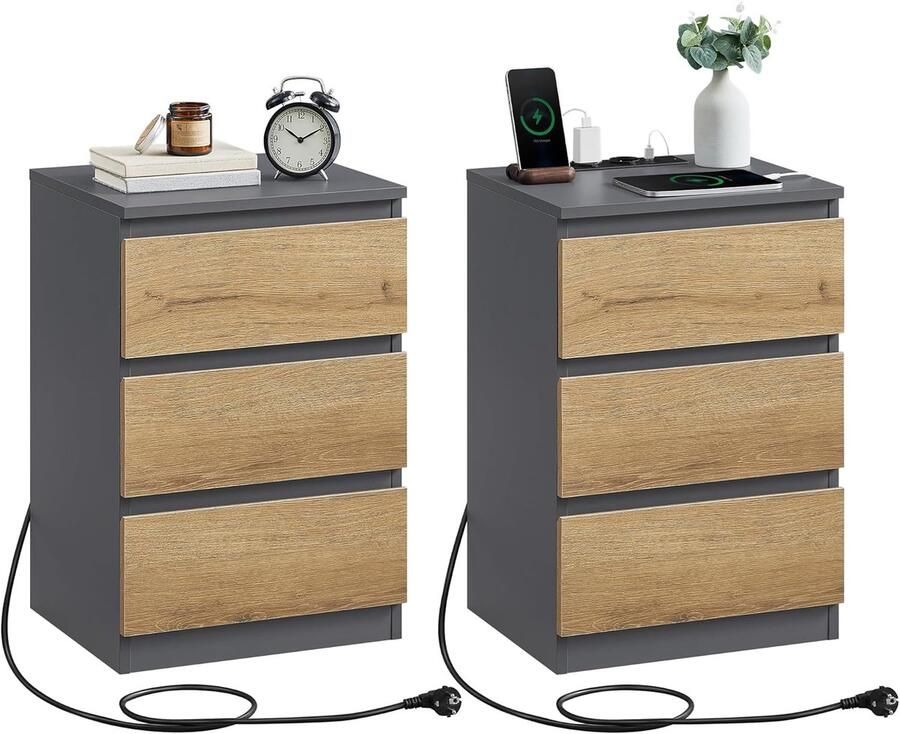 FurnStar Kailyn Collection Nachtkastje met stekkerdoos Bijzettafel 3 laden 2 AC-stopcontacten 2 USB-A-aansluitingen Modern Leigrijs-Natuurbruin