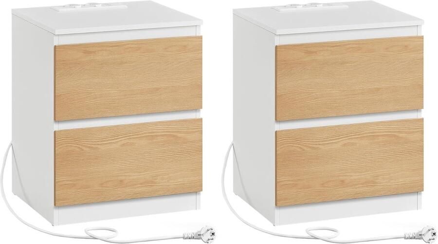 FurnStar Kailyn Collection Nachtkastje met stekkerdoos -Set van 2 -Bijzettafel 2 laden 2 AC-Stopcontacten 2 USB-A-aansluitingen Modern- Amandel Geel Wit