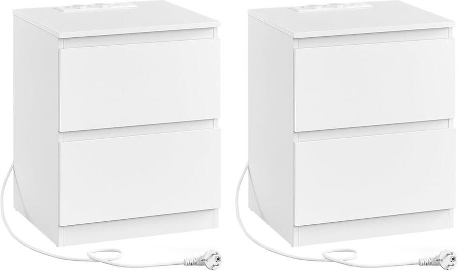 FurnStar Kailyn Collection Nachtkastje met stekkerdoos -Set van 2 -Bijzettafel 2 laden 2 AC-Stopcontacten 2 USB-A-aansluitingen Modern- Wolkenwit
