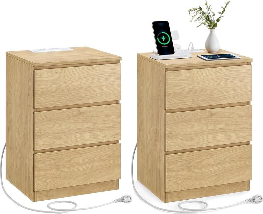 FurnStar Kailyn Collection -Nachtkastje met stekkerdoos Set van 2 bijzettafel 3 laden 2 AC-stopcontacten 2 USB-A-aansluitingen Modern Strogeel