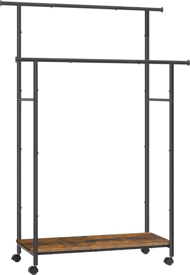 FurnStar Kapstok Staand Kapstokken -Kledinghangers Dubbele Kapstok Met Zwenkwielen En Plank ‎39.6 x 98.5 x 156.8 cm Rustiek Bruin En Inktzwart