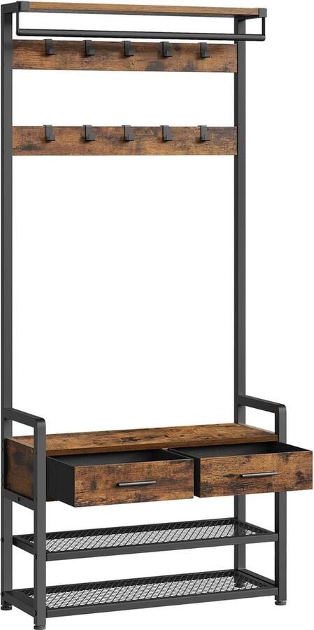 FurnStar Kapstok met schoenenbank garderobe schoenenopslag 2 laden van stof 10 haken 6 zijhaken 30 x 80 -4 x 181 -6 cm vintage bruin-inktzwart