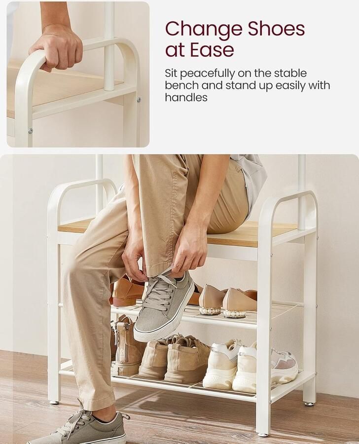 FurnStar Kapstok met Schoenenopbergbank 4 in 1 Design met 9 Afneembare Haken Een Kledingroede Voor Hal Entree 33 7 x 72 x 183 cm Industrieel Greige en Zwart - Foto 2