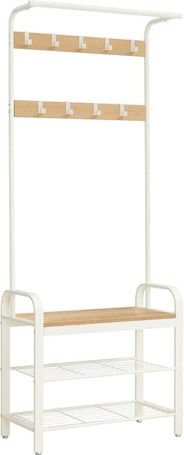 FurnStar Kapstok met Schoenenopbergbank 4 in 1 Design met 9 Afneembare Haken Een Kledingroede Voor Hal Entree 33 7 x 72 x 183 cm Industrieel Greige en Zwart