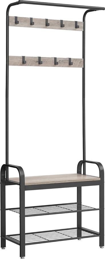 FurnStar Kapstok met Schoenenopbergbank 4 in 1 Design met 9 Afneembare Haken Een Kledingroede Voor Hal Entree 33 7 x 72 x 183 cm Industrieel Greige en Zwart