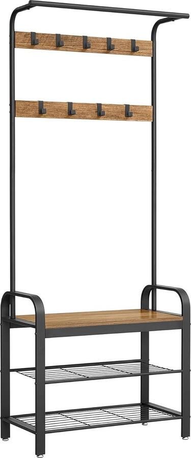 FurnStar Kapstok met Schoenenopbergbank 4 in 1 Design met 9 Afneembare Haken Een Kledingroede Voor Hal Entree 33 7 x 72 x 183 cm Industrieel Grenen en Zwart