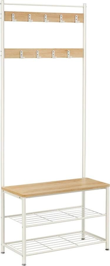 FurnStar Kapstok met schoenenopbergbank halboom met schoenenrek 3-in-1 ontwerp stalen frame voor hal entree 32 x 70 x 177 cm industrieel rustiek walnoot en zwart