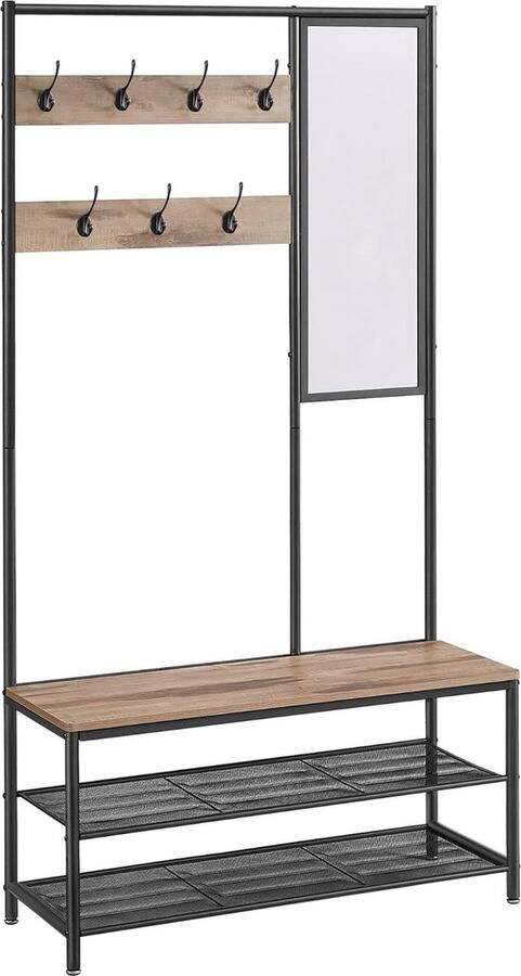 FurnStar Kapstok met schoenenopberger Kapstok voor gang met spiegel Haken Bank en schoenenplanken 35 x 98 x 180 cm Hal Slaapkamer entree Industrieel Kameelbruin en Inktzwart